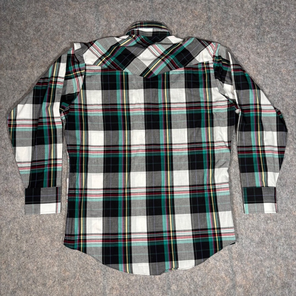 VTG Ely Cattleman Western Shirt Mens L Multi Color Teal Plaid Pearl Snap‎ Cowboy - Picture 5 of 11